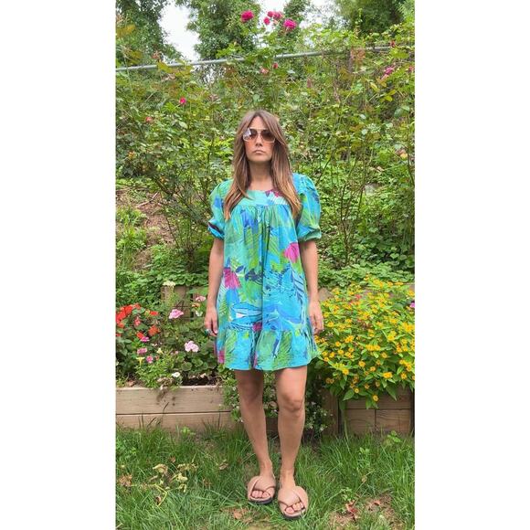 90s Tropical Floral Puff Sleeve Mini Dress – Farm Rio Vibes, Summer Party - Picture 1 of 8